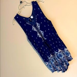 H&M Divided navy romper size 12 button front, drawstring waist, boho print EUC